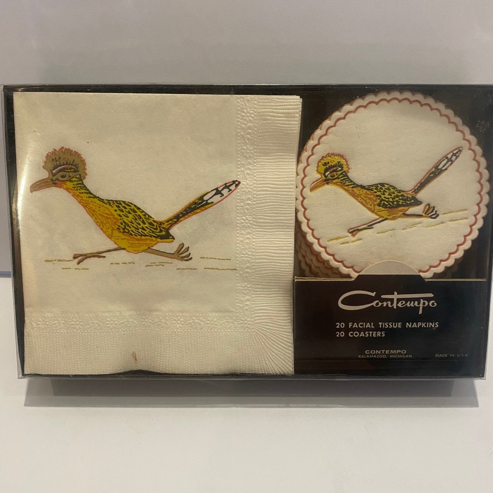 Contempo Roadrunner Napkin Coaster Set Cream New‎ Vintage MCM